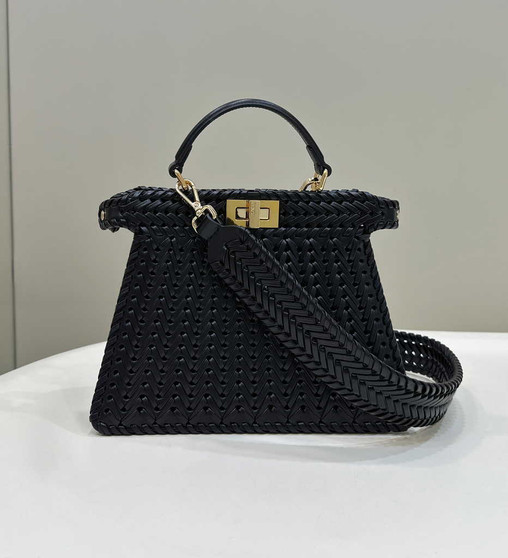 Fendi 8BN327 Peekaboo ISeeU Petite Small Bag Black Camellia leather