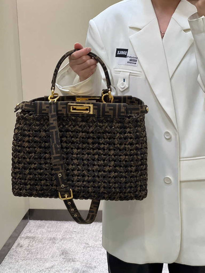 Fendi 8BN321 Peekaboo ISeeU Medium Bag Brown woven straw bag