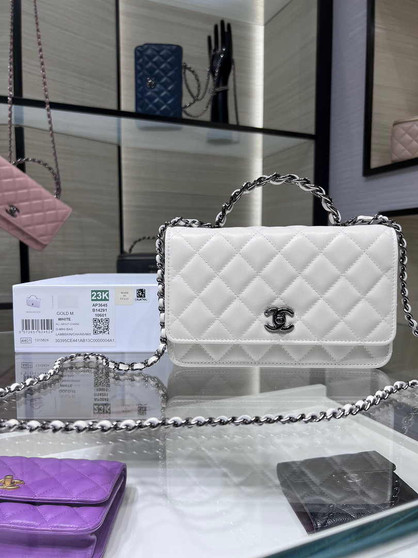 Chanel AP3645 Wallet on chain Shiny Crumpled Calfskin Strass Metal White