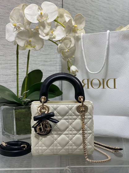 Qixi Mini Lady Dior Bag with Chain, M0505 White and Black Cannage Lambskin