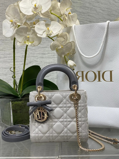 Qixi Mini Lady Dior Bag with Chain, M0505 White and Gray Cannage Lambskin