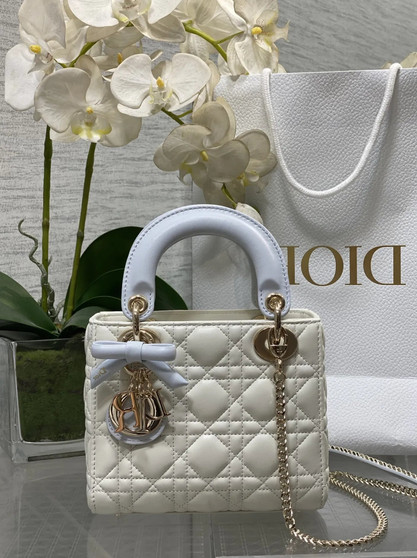 Qixi Mini Lady Dior Bag with Chain, M0505 White and Blue Cannage Lambskin