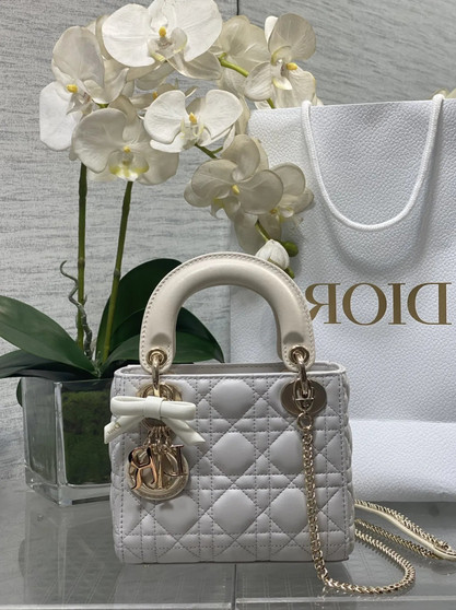Qixi Mini Lady Dior Bag with Chain, M0505 White and Beige Cannage Lambskin