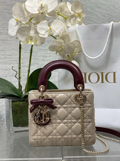 Qixi Mini Lady Dior Bag with Chain, M0505 Apricot and Wine Red Cannage Lambskin
