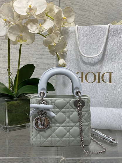 Qixi Mini Lady Dior Bag with Chain, M0505 Green and Blue Cannage Lambskin
