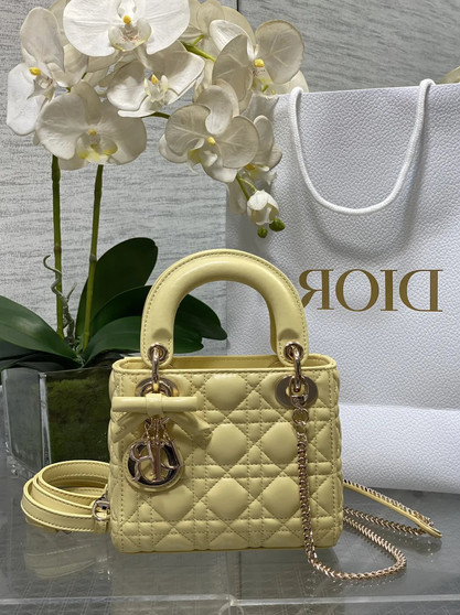 Mini Lady Dior Bag with Chain, M0505 Yellow Cannage Lambskin Gold