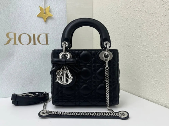 Mini Lady Dior Bag with Chain, M0505 Black Cannage Lambskin Silver