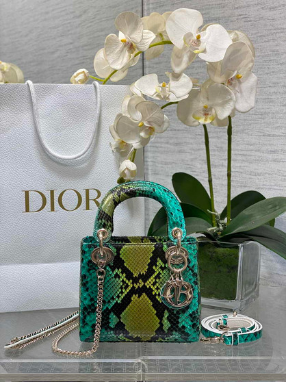 Mini Lady Dior Bag Green Yellow Snake Leather M0505