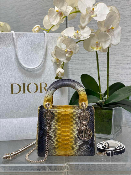 Mini Lady Dior Bag M0505 Gold Blue Snake Leather