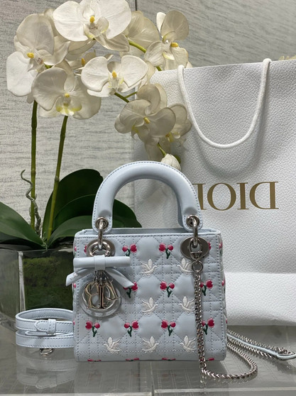 Qixi Mini Lady Dior Bag with Chain, M0505 Cannage Lambskin Blue