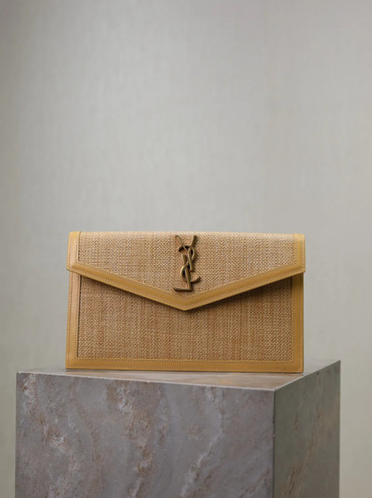 YSL UPTOWN pouch, 5657391 in micro raffia NATURAL HAY & BLUSH