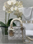 Qixi Mini Lady Dior Bag with Chain, M0505 White and Beige Cannage Lambskin
