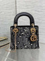 Mini Lady Dior Bag M0505 Black Satin Embroidered with White Resin Pearls