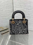 Mini Lady Dior Bag M0505 Black Satin Embroidered with White Resin Pearls
