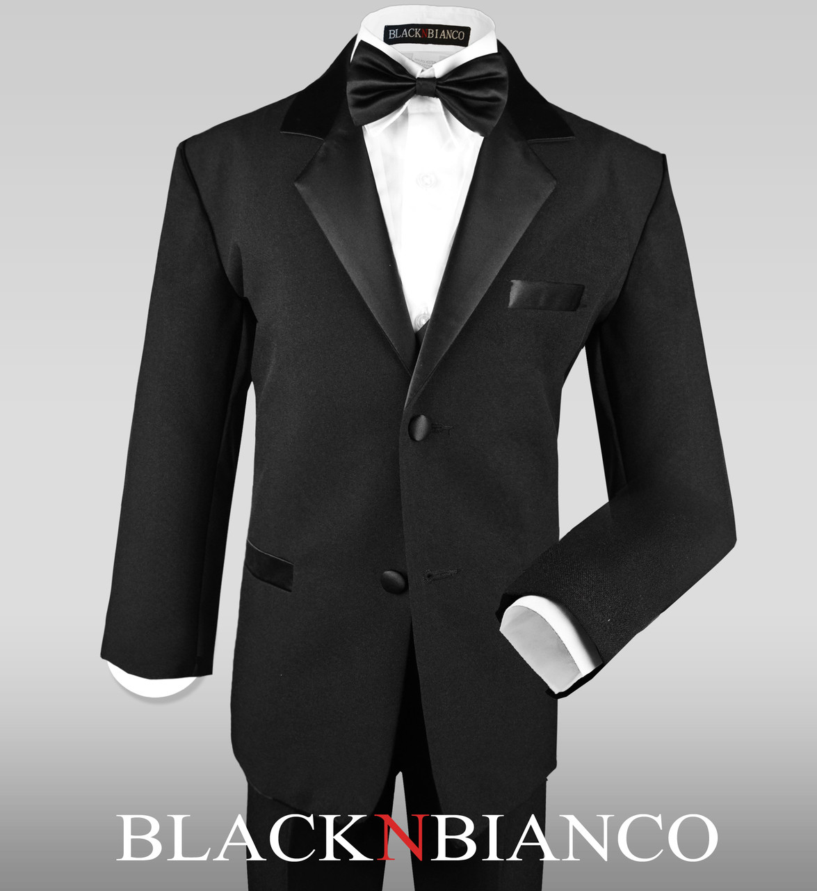 Boys Satin Notch Label Black Tuxedo with a Black Batwing Bow Tie