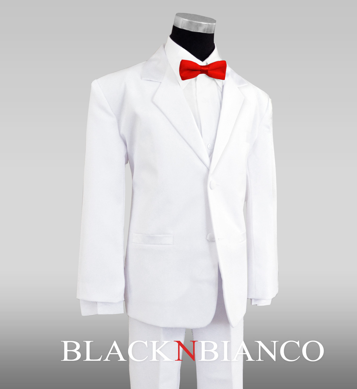 Kids White Notch Satin Label White Tuxedo With colored Batwing Bow Ties