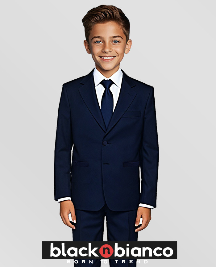 Boy's Navy Suit With Tie, Vest, Shirt and Slacks Black N Bianco