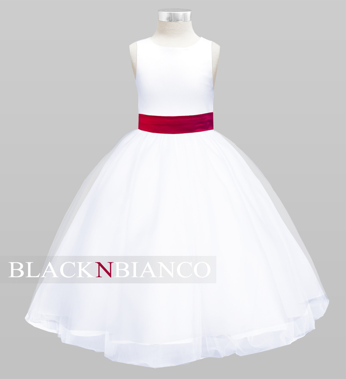 Kids White Flower Girl Dress W/ Burgundy Sash Flower and Bow