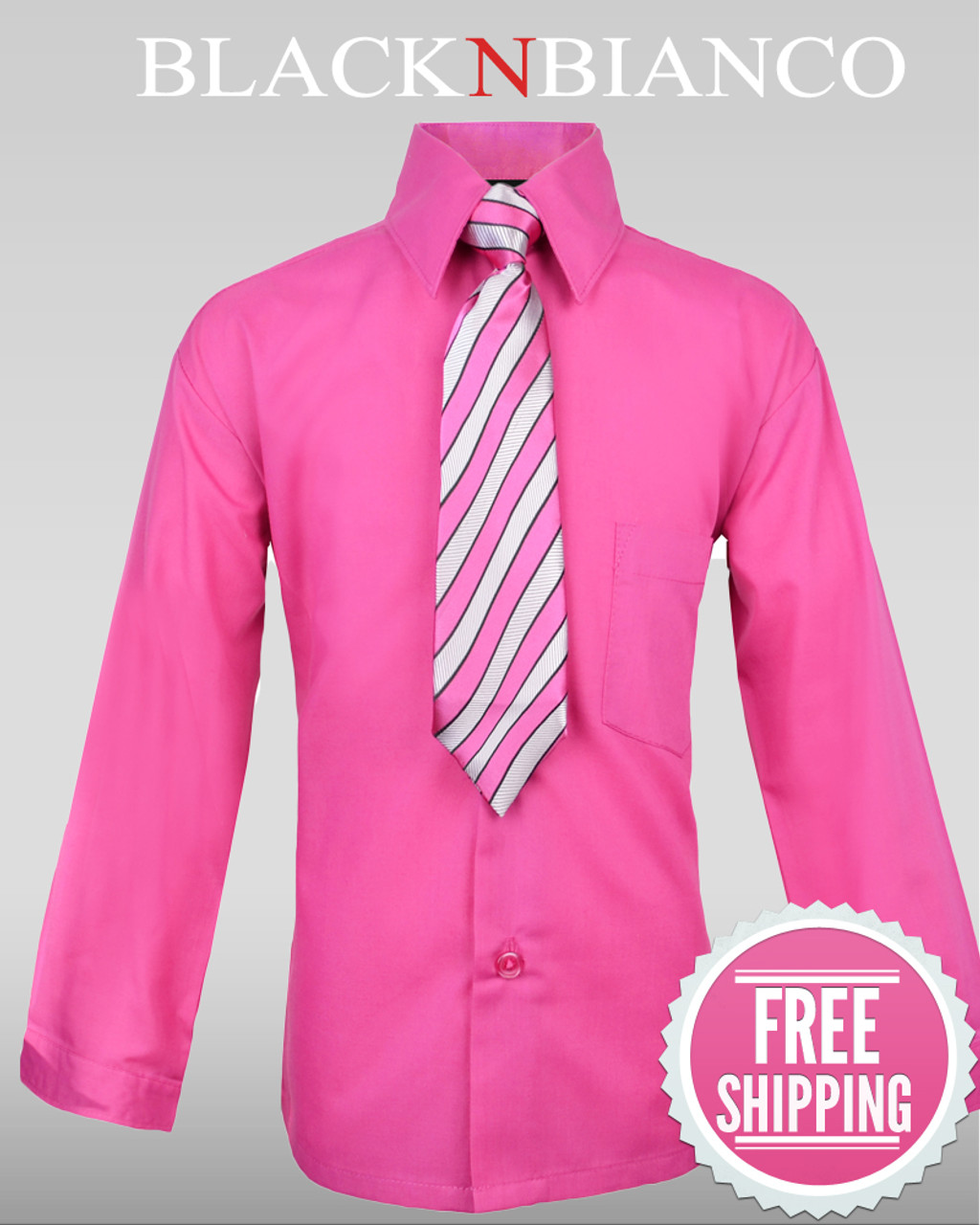 Boys Hot Pink Fuchsia Button Down Dress Shirt Black N Bianco