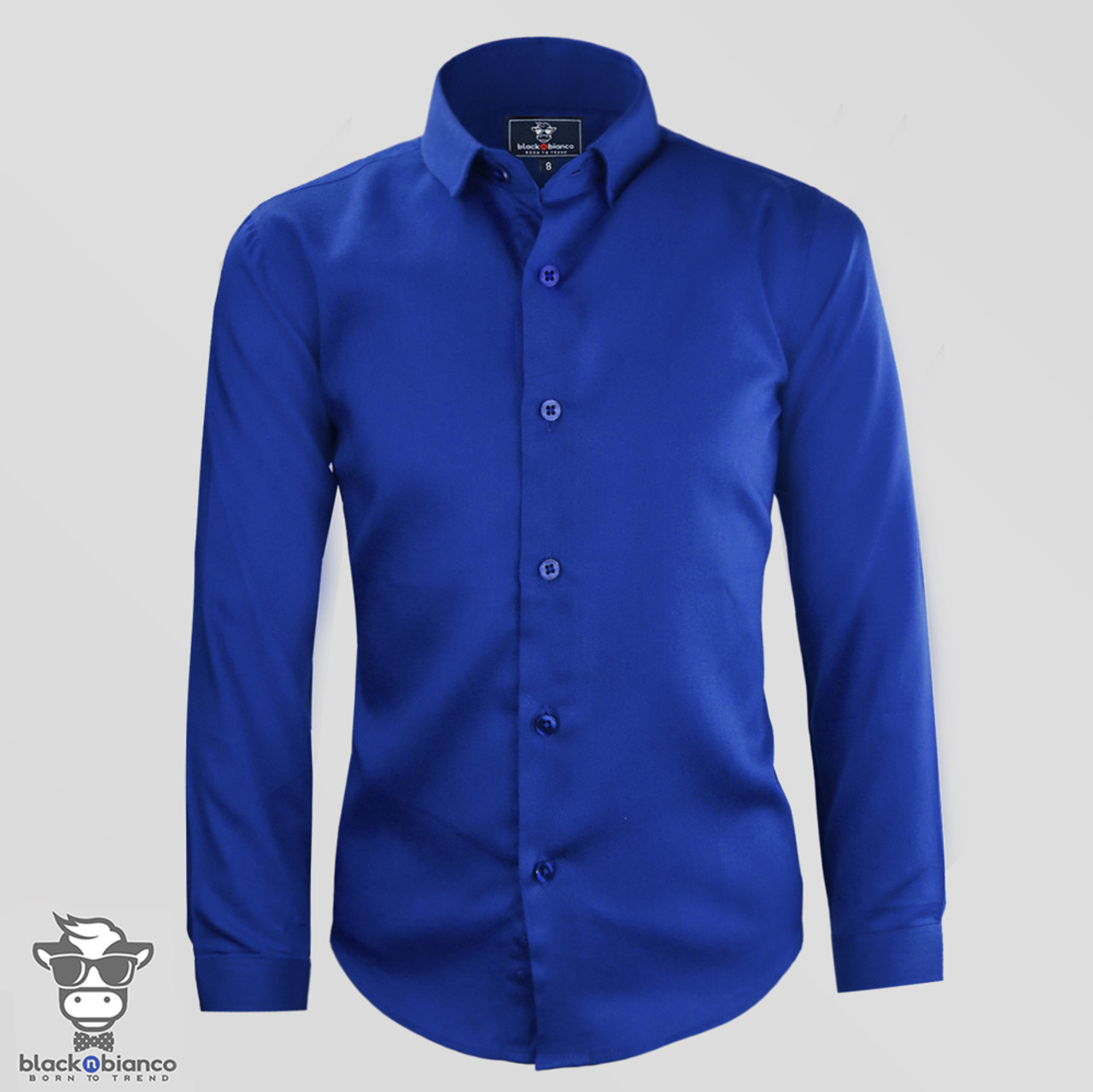 Black N Bianco Boys' Signature Sateen Dress Shirt in Blue.