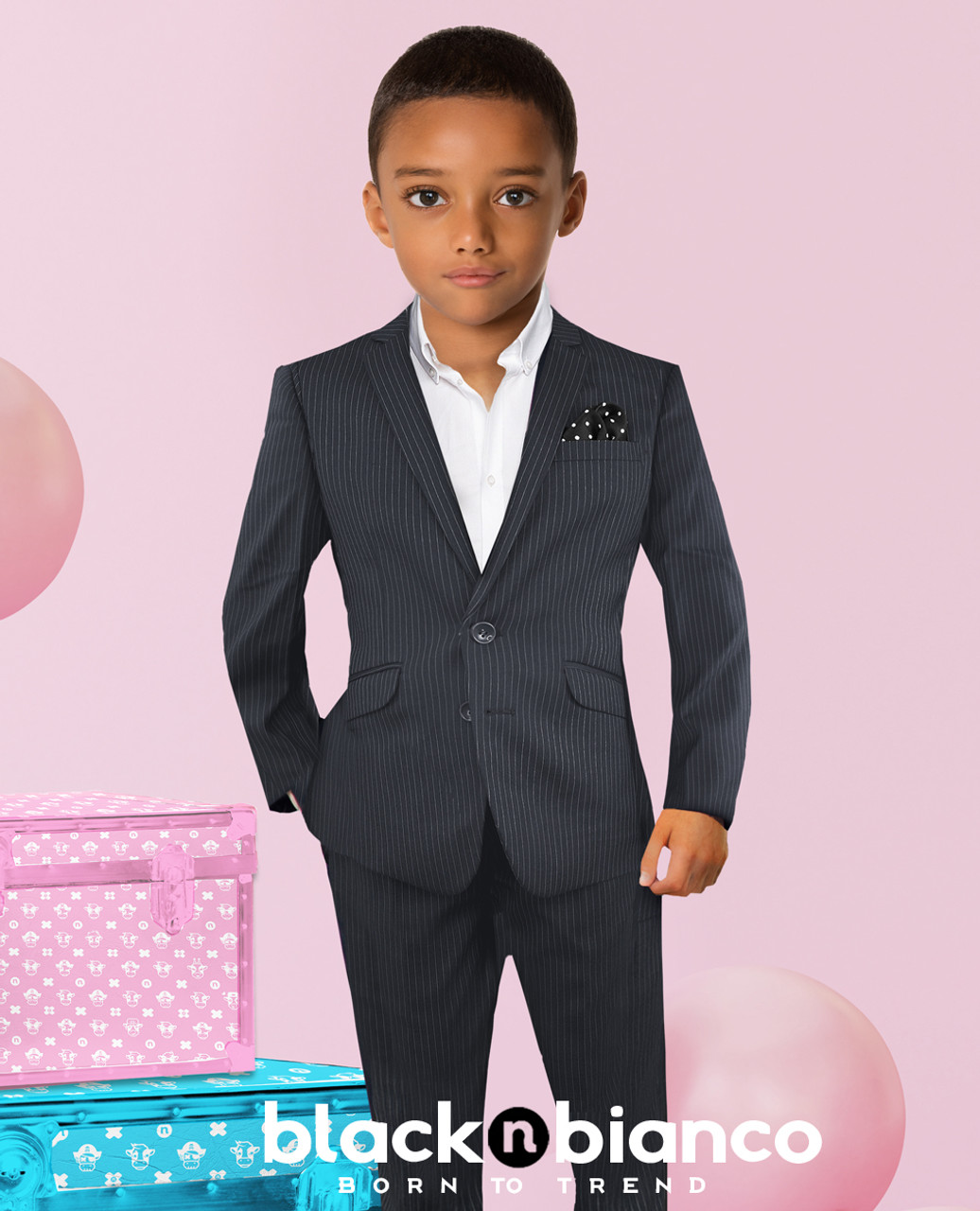 Boys' Pinstripe Dark Gray Slim Fit Suit Signature Style - Black n