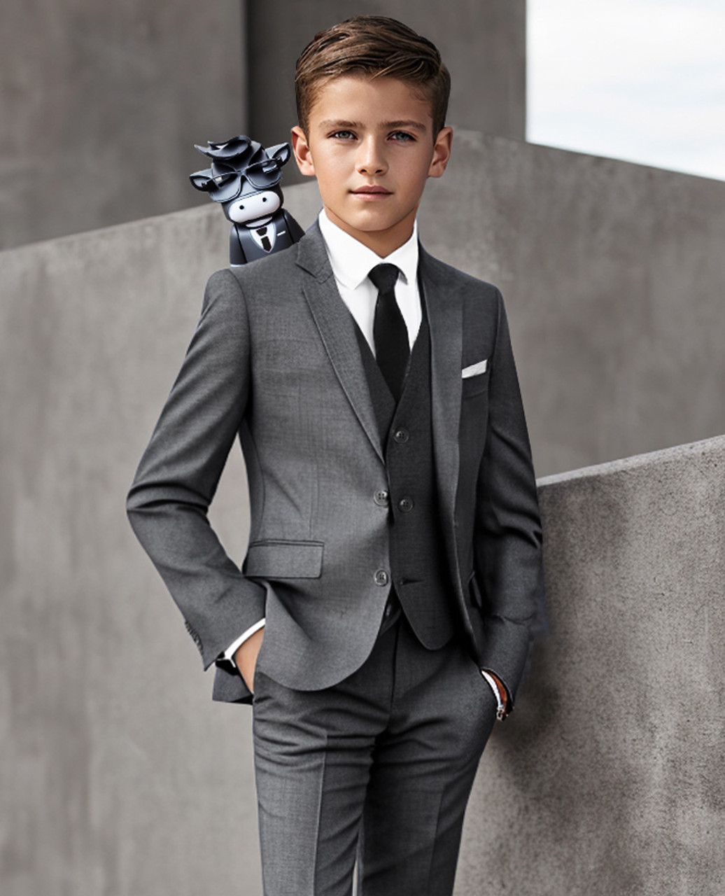 Black N Bianco Signature Boys' Slim Fit Suit in Dark Grey