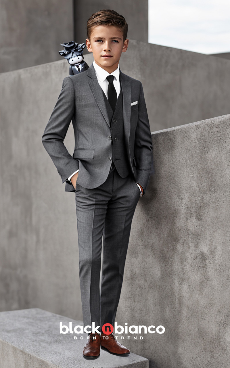 Black N Bianco Signature Boys' Slim Fit Suit in Dark Grey 18
