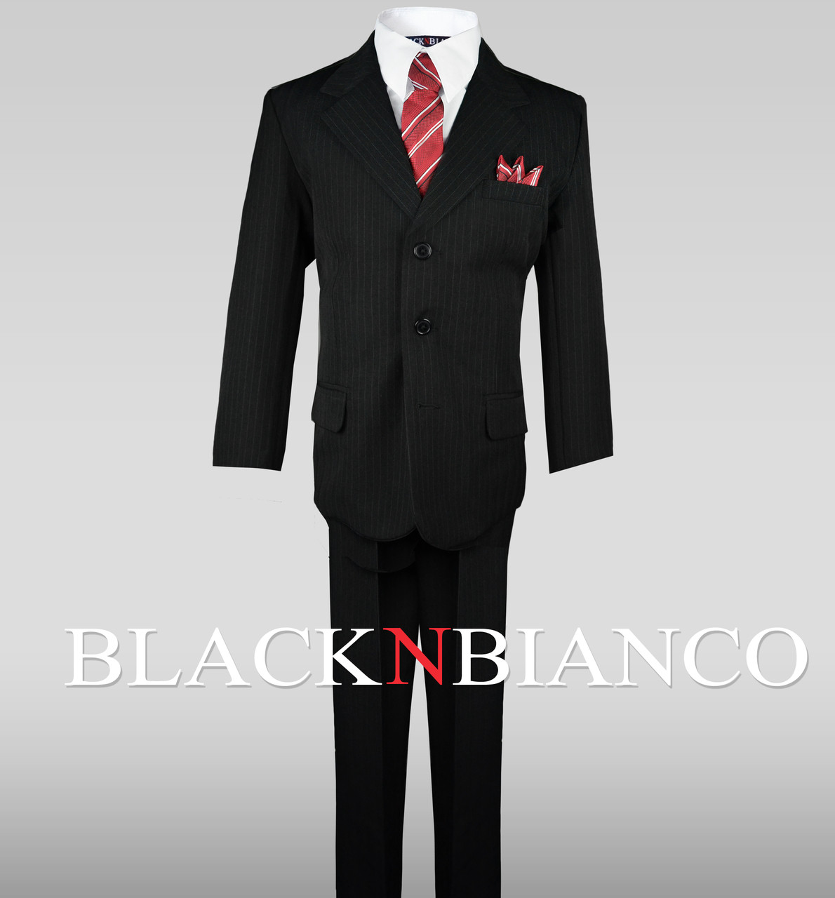 Boys Pinstripe Suit in Black with Dark Red Tie Size 2-20 6 (+$5)