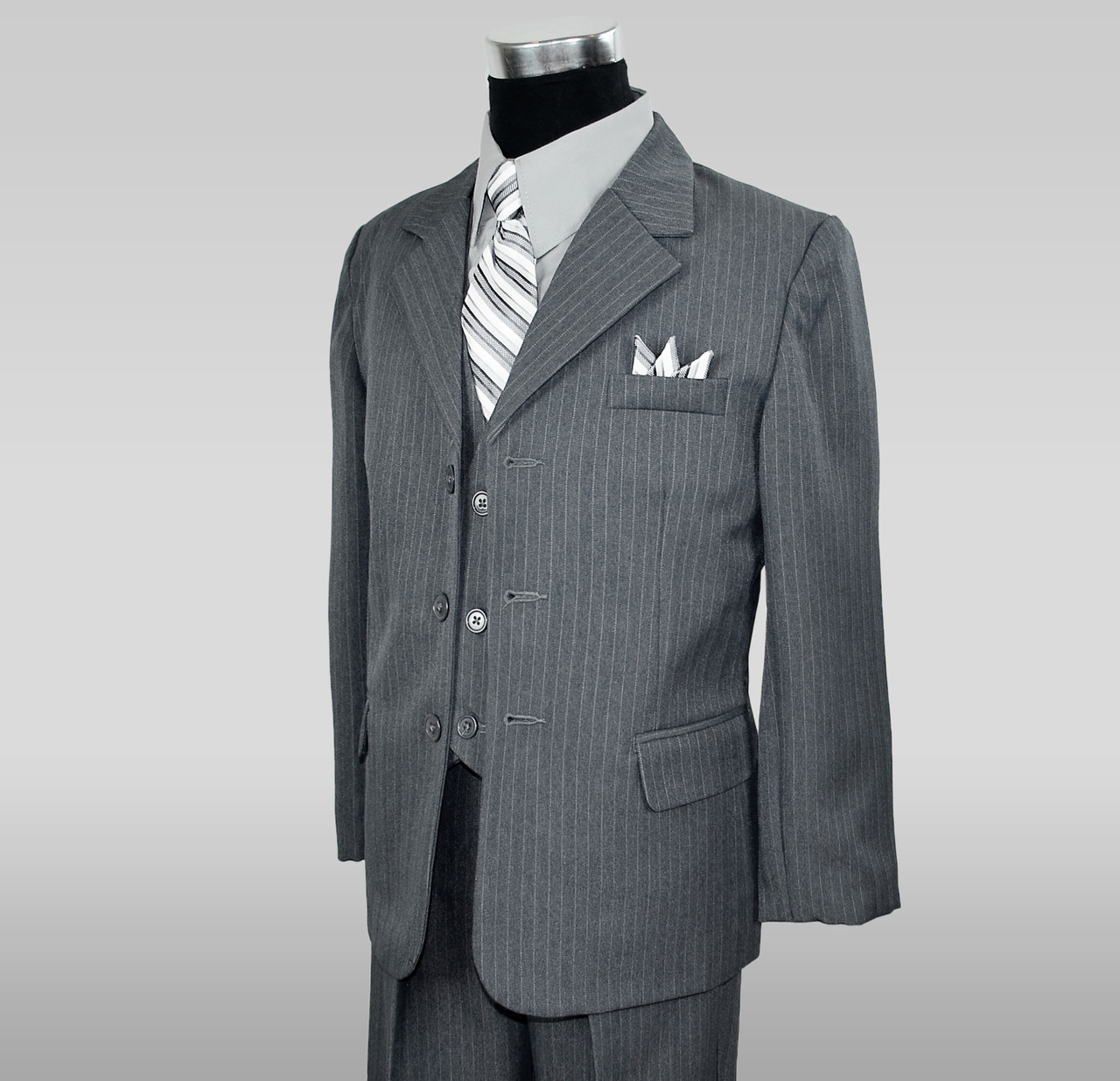 Boys Grey Pinstripe Suit 5 Pieces Set with Vest and Tie Size 2T-14 Two Button