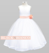 Peach princess flower girl dress with sash and flower