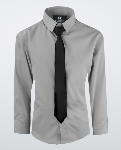Black n Bianco Gray Button Down Dress Shirt with Black Tie.