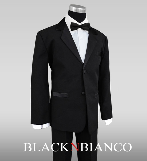 Boys Satin Notch Label Black Tuxedo with a Black Batwing Bow Tie