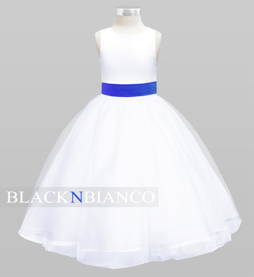 Adorable jr. bridemaids white flower girl dress with a blue sash