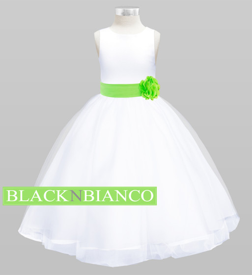 White Sleeveless Satin Flower Girl Dress w/ Vibrant Lime Green Bow