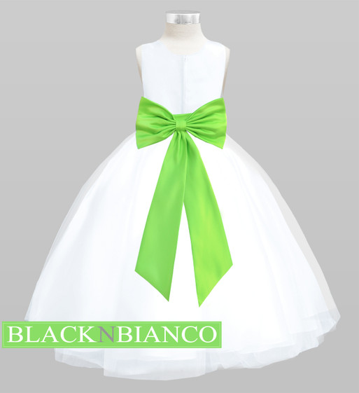 White Sleeveless Satin Flower Girl Dress w/ Vibrant Lime Green Bow