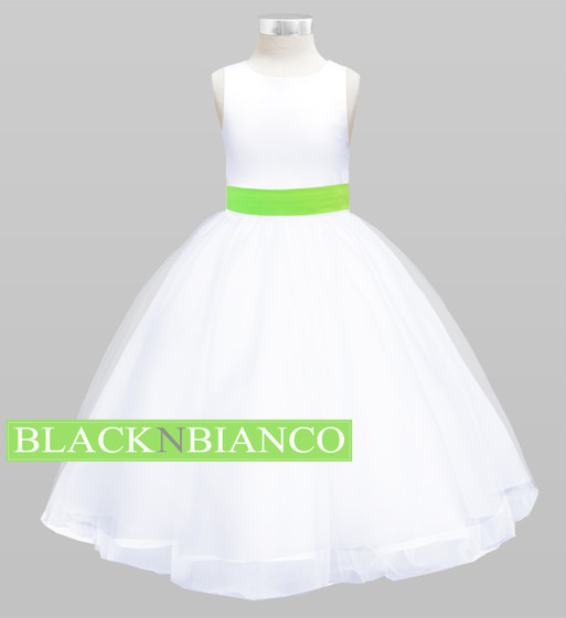 White Sleeveless Satin Flower Girl Dress w/ Vibrant Lime Green Bow