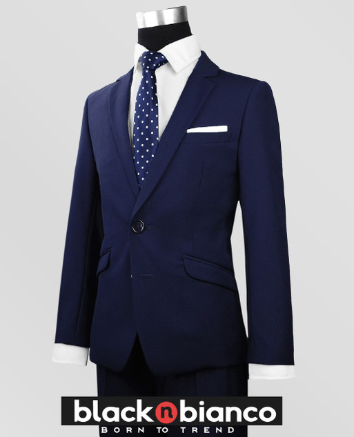 Black N Bianco Boys Navy Slim Fit Suit with a Poka Dot Navy Tie. Impeccably tailored. 