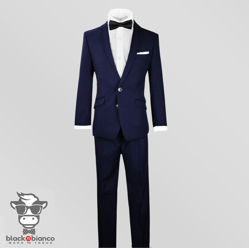 Boys Navy Slim Tuxedo Suit with a slim modern bow tie. Tailored by Black N Bianco