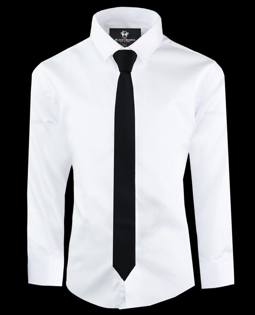 Black n Bianco Boys Button Down Dress Shirt in White with Black Tie