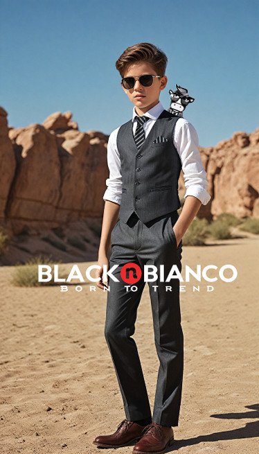 Black n Bianco Boys Slim Fit Charcoal Vest Suit