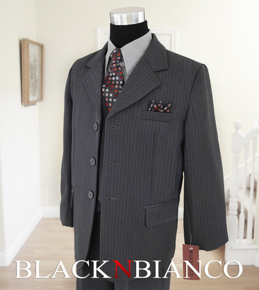 Gray Pinstripes Boys Suit with dark gray tie Black N Bianco