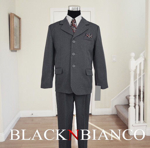 Gray Pinstripes Boys Suit with dark gray tie Black N Bianco