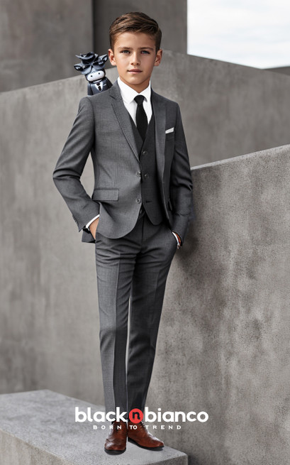 Black n Bianco Boys Slim Fit Suit Dark Grey Signature Style