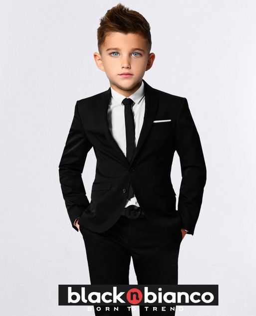 Black n Bianco Boys Signature Slim Fit Suit in Black with Tie