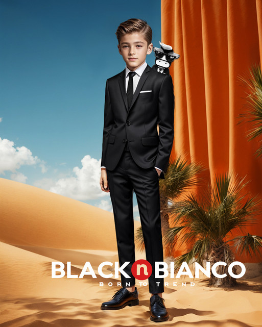Black n Bianco Boys Slim Fit Suit Complete Set with Shirt and Tie.