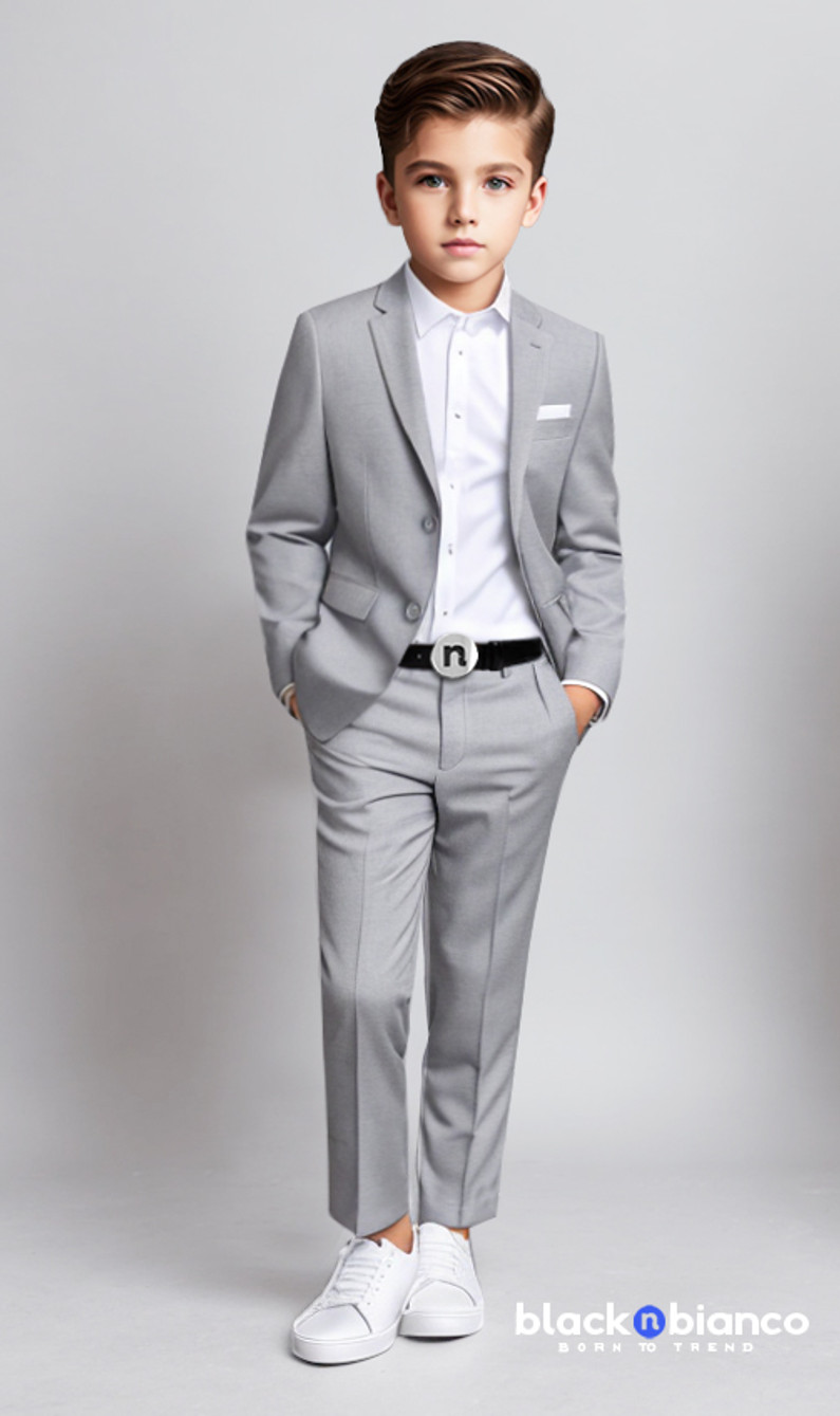 Black Bianco Boys' Signature Slim Suit Light Gray