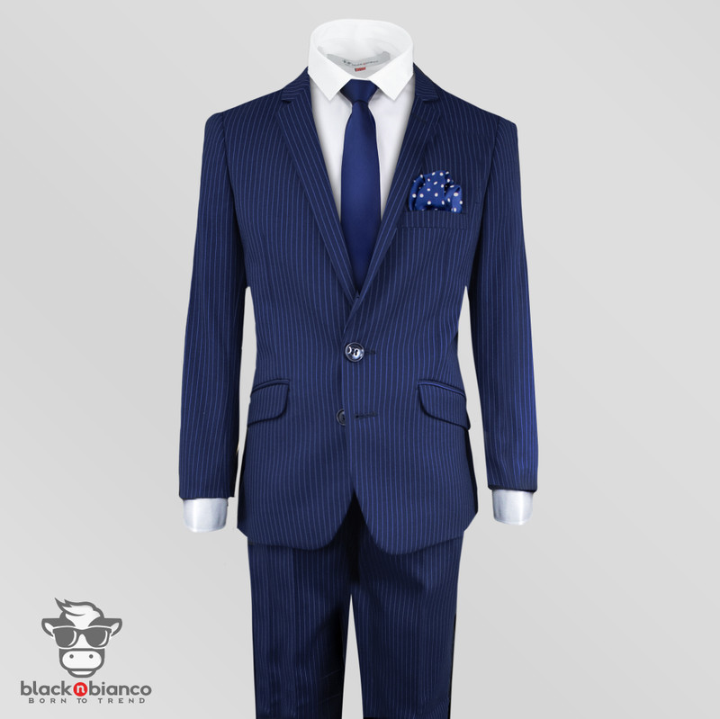 Boys' Pinstripe Navy Blue Slim Fit Suit Signature Style - Black n Bianco