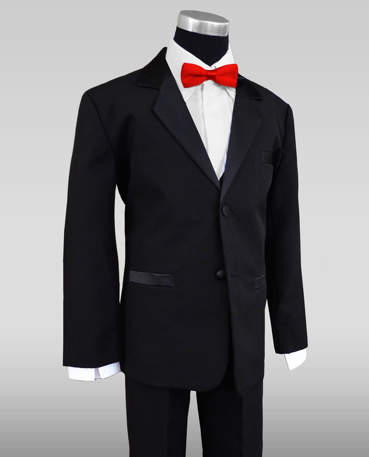 Boys Black 2 Button Notch Tuxedo with Red Slim Bow Tie. Medium 6-12 Months