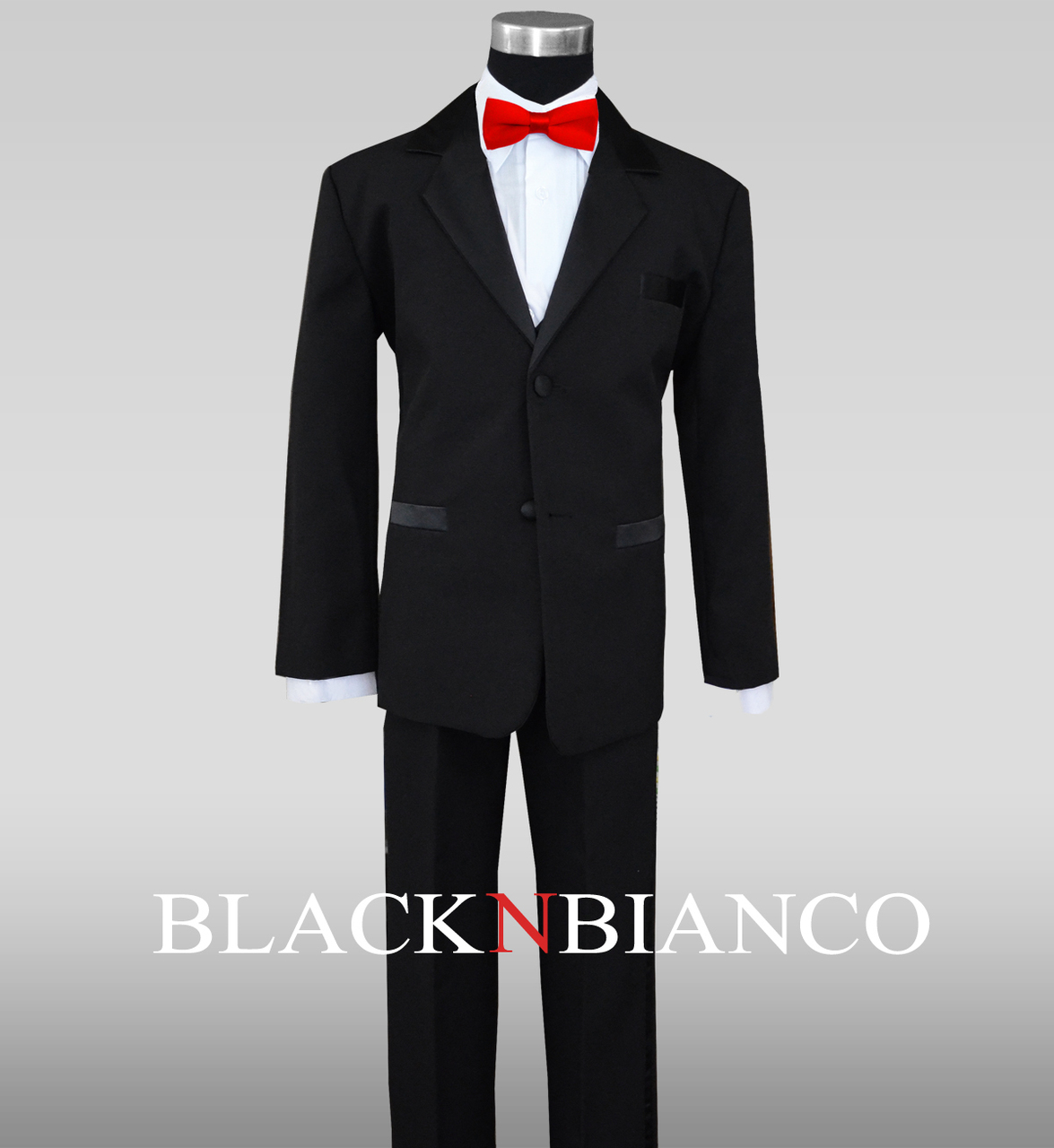 Boys Black 2 Button Notch Tuxedo with Red Slim Bow Tie. Medium 6-12 Months