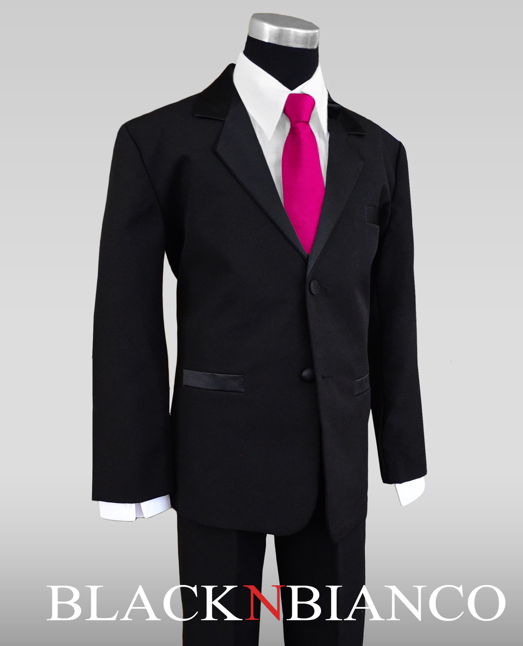 Satin Notch Label Tuxedo For Kids with a Light Silver Neck